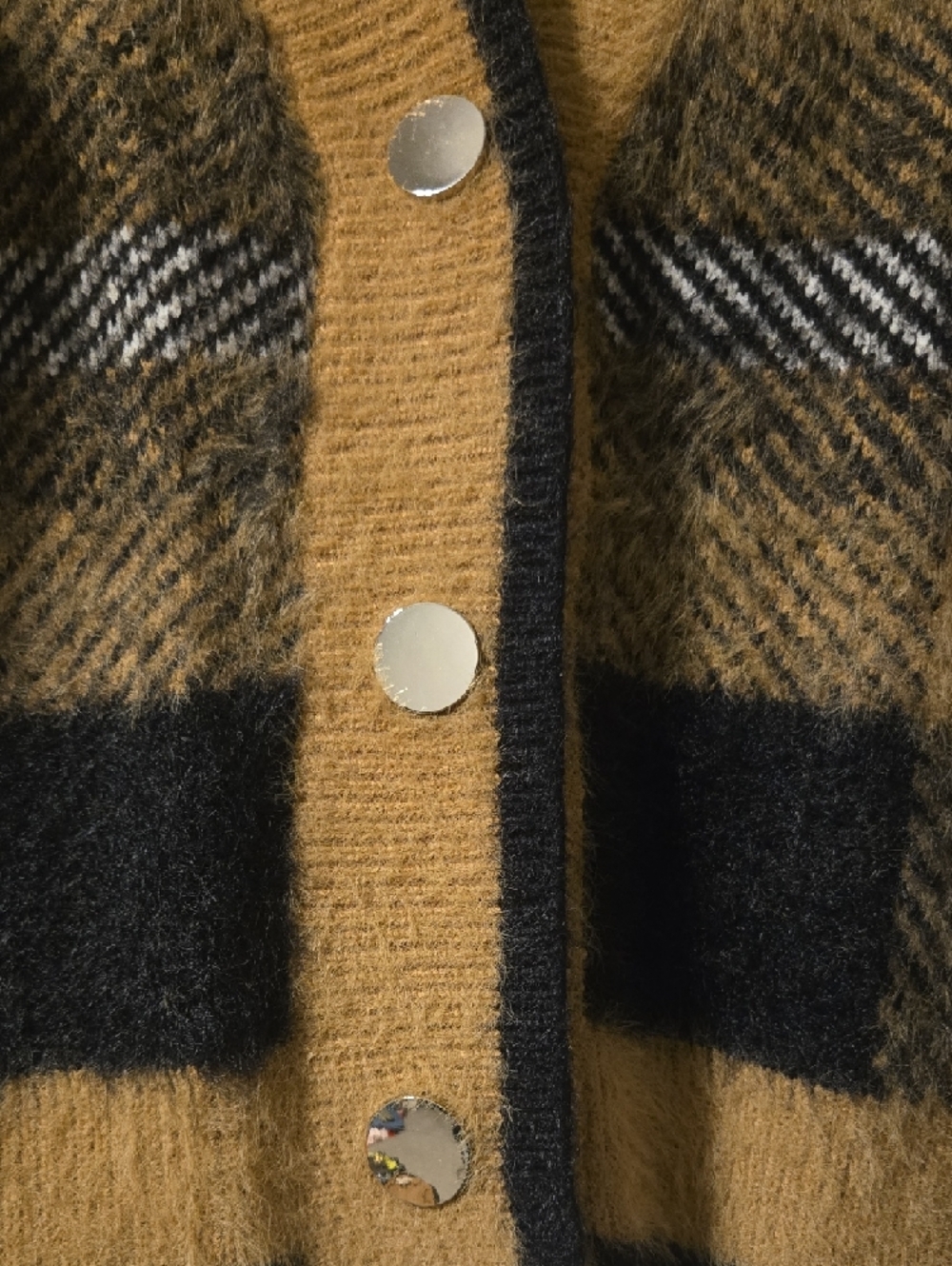 English Factory Beige and Black Plaid Fuzzy Button Cardigan - Picture 2 of 3